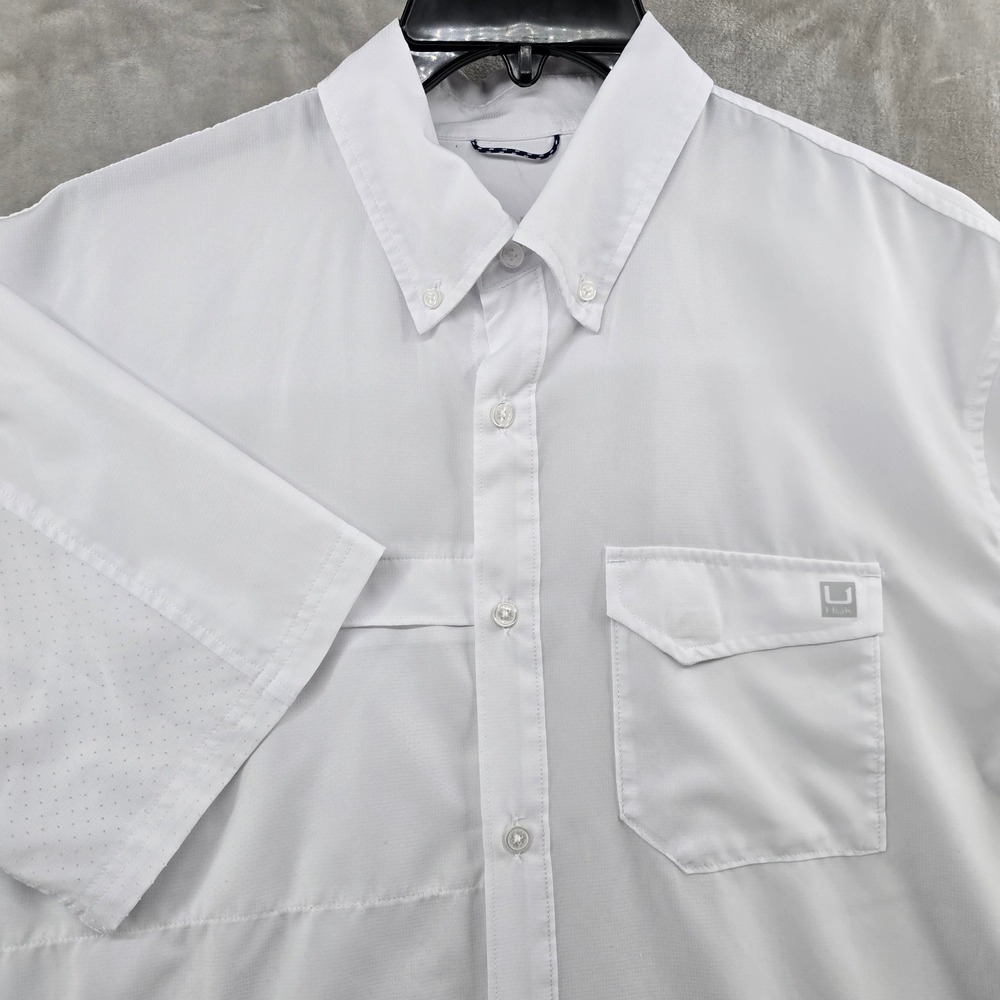Huk Fishing Shirt Mens Large White Short Sleeve Performance Button Down Vent